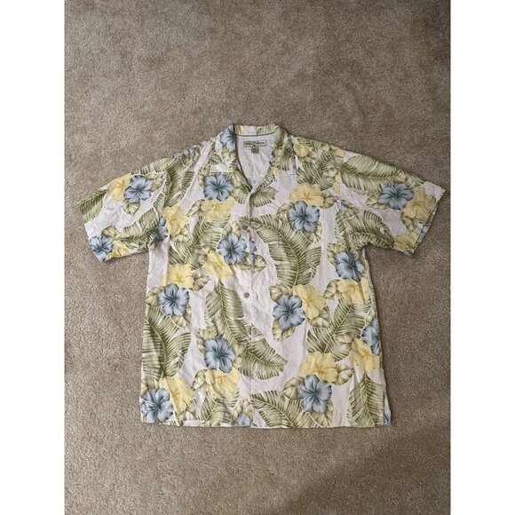 Tommy Bahama Men's Medium Silk Blue & Yellow Hibiscus Floral Hawaiian Shirt - Picture 1 of 6